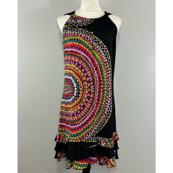 Tiana B Black Colorful Mosaic Sunset Print Ruffle Hem Sleeveless Dress Sz S - Picture 1 of 8